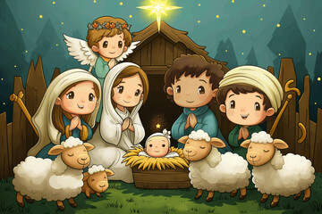 Wall Mural - Baby Jesus nativity scene cartoon illustration