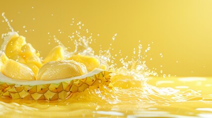 Wall Mural - A pineapple is being splashed with water and juice, AI