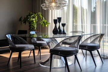 Sticker - Modern dining room interior design with black and white chairs and round table