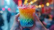 Bubble tea shop with hands holding a colorful cup of tapioca pearls
