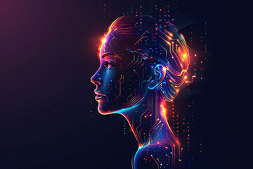 Wall Mural - Digital woman profile with glowing blue circuits and red accents