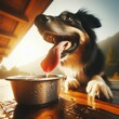 Panting dog drinks water from a metal bowl to quench thirst
