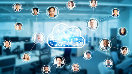 Poster - Group of multinational people connecting via cloud computing. Software as a Service. ERP. Enterprise Resources Planning.