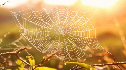 Spider web in the middle of a field at dawn