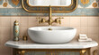 © Sandun - Timeless Elegance: Vintage-Inspired Pedestal Sink with Ornate Filigree Details and Floral Pattern Mirror