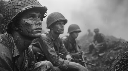 American soldiers are sitting in a trench. Black and white shooting