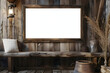 a large empty wooden picture frame in landscape position on a rustic wooden cabin wall. The empty picture frame is 4:3 ratio. The wooden cabin is modern and has dark, natural colours.