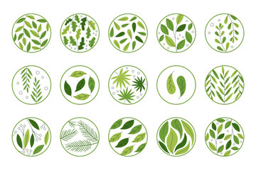 Sticker - Green leaves inside circle with different pattern ecology art creative ornament isolated set