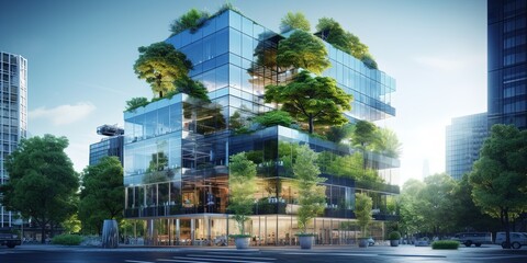 Wall Mural - Eco-friendly building in the modern city. Sustainable glass office building with tree for reducing carbon dioxide. Office building with green environment.