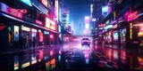 Fototapeta Londyn - Cyberpunk aesthetic of a city street flooded with neon lights and reflections