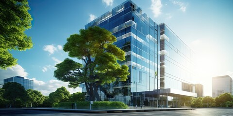 Wall Mural - Eco-friendly building in the modern city. Sustainable glass office building with tree for reducing carbon dioxide. Office building with green environment.