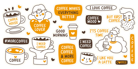 Poster - Coffee house, cafeteria, cafe stickers with lettering, mugs and takeaway cups vector illustration