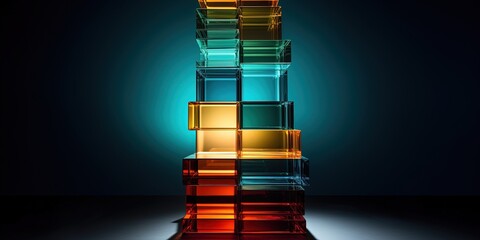 Wall Mural - Glass tower. Thick colored glass slabs stacked in a tower on a dark background