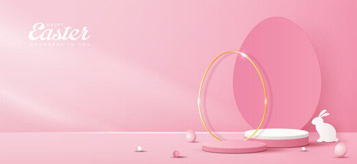 Happy Easter pink background and podium display for product presentation branding and packaging presentation. studio stage with eggs and rabbit background. vector design.