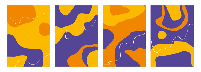 Fototapete - Set of abstract backgrounds with various hand drawn dynamic shapes and white wavy lines for creative graphic design. Vector illustration.