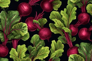 Wall Mural - beetroot pattern with leaves on a black background