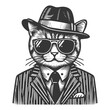 Mafioso mafia cat businessman in hat and sunglasses sketch engraving generative ai raster illustration. Scratch board imitation. Black and white image.