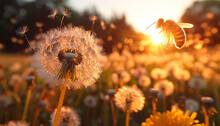 Spring Meadow Wildflower Field With Dandelion At Orange Sunset. Fluffy Dandelion Against Sunset Front Sun Close Up, Blurred Background. Ikebana Of Dried Dandelion Flowers Colorful Orange And Yellow 