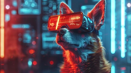 Wall Mural - An adorable dog transformed into a cyber crypto digital hacker, navigating the realms of cyberspace with sleek virtual reality goggles, AI Generative