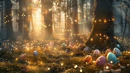 Wall Mural - An enchanted Easter forest scene at dawn, AI Generative