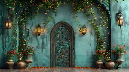 Wall Mural - A door with green walls, there are lanterns on the right and left of the door decorated with small green plants.