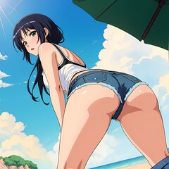 Canvas Print - Anime girl with Sexy Low Waist Denim Mini Shorts