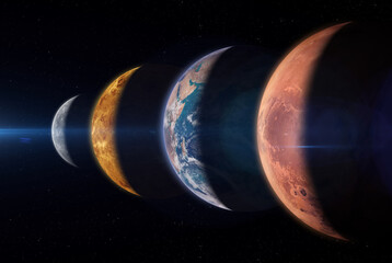 mercury, venus, earth and mars. terrestrial planets. planetary alignment or “planetary parade.” elem