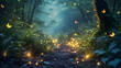 Enchanted forest scenes with fireflies illuminating the night background