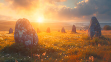 Sunrise Or Sunset Scenes With Stone Circles Bathed In Warm Light Background
