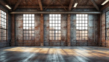 3D rendering of an old industrial interior with a large window.