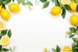 Beautiful empty white background with lemons and green leaves on the sides with space for your product, text or inscriptions 