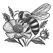 bee collects pollen for honey pollinating blooming flower, showcasing detailed line art sketch engraving generative ai raster illustration. Scratch board imitation. Black and white image.