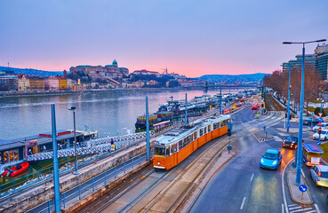 Poster - Blue hour cityscape with Danube, Buda Castle and trams, Budapest, Hungary