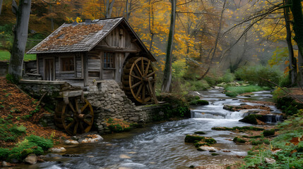 Old watermills with wooden water wheels in motion background