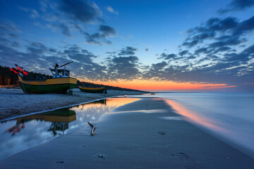 Wall Mural - Baltic Sea beach in Jantar at sunset. Poland