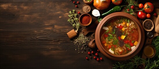 Canvas Print - A top-down view of a rustic wooden table with a wooden bowl filled with steaming vegetable soup, showcasing ingredients like carrots, celery, and potatoes.