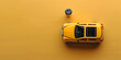 Yellow toy car Taxi Cab and 5 stars rating isolated on yellow background. Smartphone application of taxi service for online searching calling and booking cab concept. Taxi symbol. 