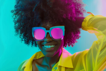 Wall Mural - Beautiful black afro american woman wearing colorful bi-color with original shape sunglasses for summer