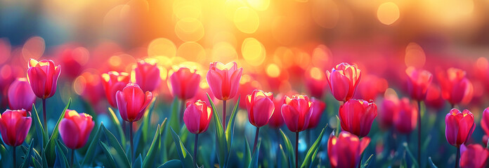 Beautiful sunset above the windmills on the field with tulips in the Netherlands, sunset in a tulip field in the Netherlands with a windmill turbine farm on background Beautiful sunlight Dutch spring