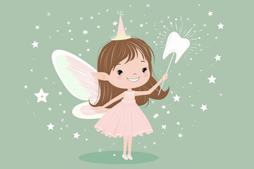 Wall Mural - cute cartoon illustration of a tooth fairy girl with wings and a magic wand on a pastel green background