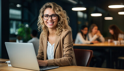 Portrait of smiling businesswoman using laptop at desk in creative office