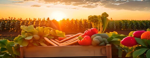 Wall Mural - Various kinds of vegetables harvested in a wooden box in a field with sunset. Natural organic fruit abundance. Agriculture, healthy and natural food concept. 4K Video