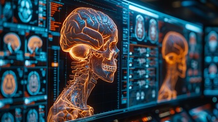 A computer monitor displays a brain and skull with a skull on the left
