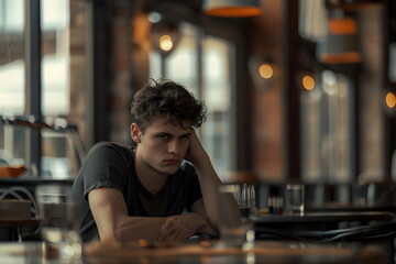 sad young man sitting alone in a restaurant