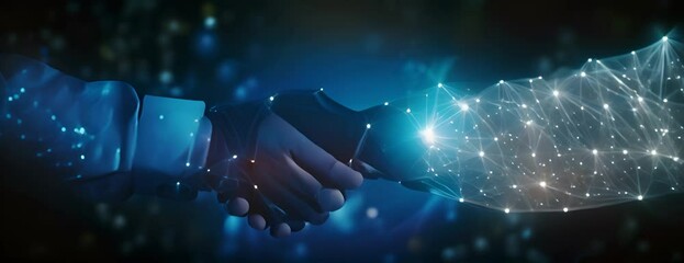 Abstract image of Business handshake in glowing blue. Low polygon, particle, and triangle style design.Wireframe light connection structure or points 4K Video