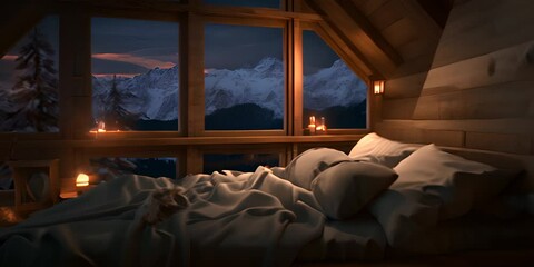 Poster - On a cold winter night, a cozy bed with fluffy pillows is framed by a large window that overlooks 4K Video