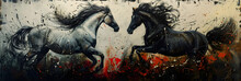 Detailed Painting Of Modern Abstract Art, With Metal Elements, Texture Background, And Animals And Horses.