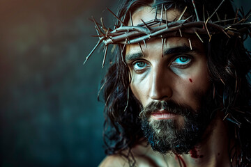 Portrait of Jesus Christ with crown of thorns on his head. Photorealistic portrait