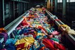 A conveyor belt overloaded with discarded textiles and clothing, overflowing and creating a colorful jumble, representing overproduction and waste in the fashion industry.