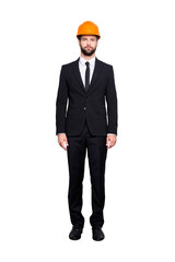 Wall Mural - Full length size fullbody portrait of attractive strict stylish investor with stubble in hard hat, black tux, tuxedo with tie, isolated on grey background